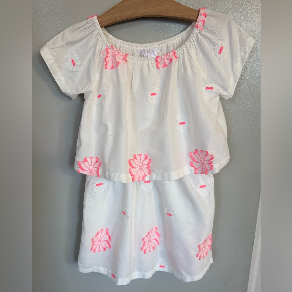 Chloe Kids Dress Girl’s 6 S White Pink Fringed Floral Spring Summer Designer